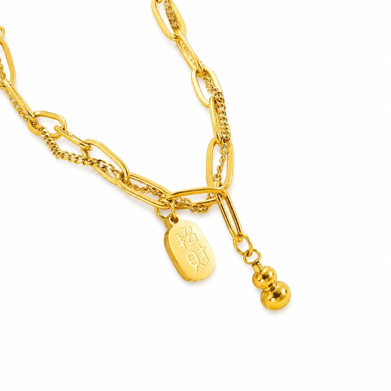 Layered Gold-Plated Paperclip Chain Gourd Charm Bracelet