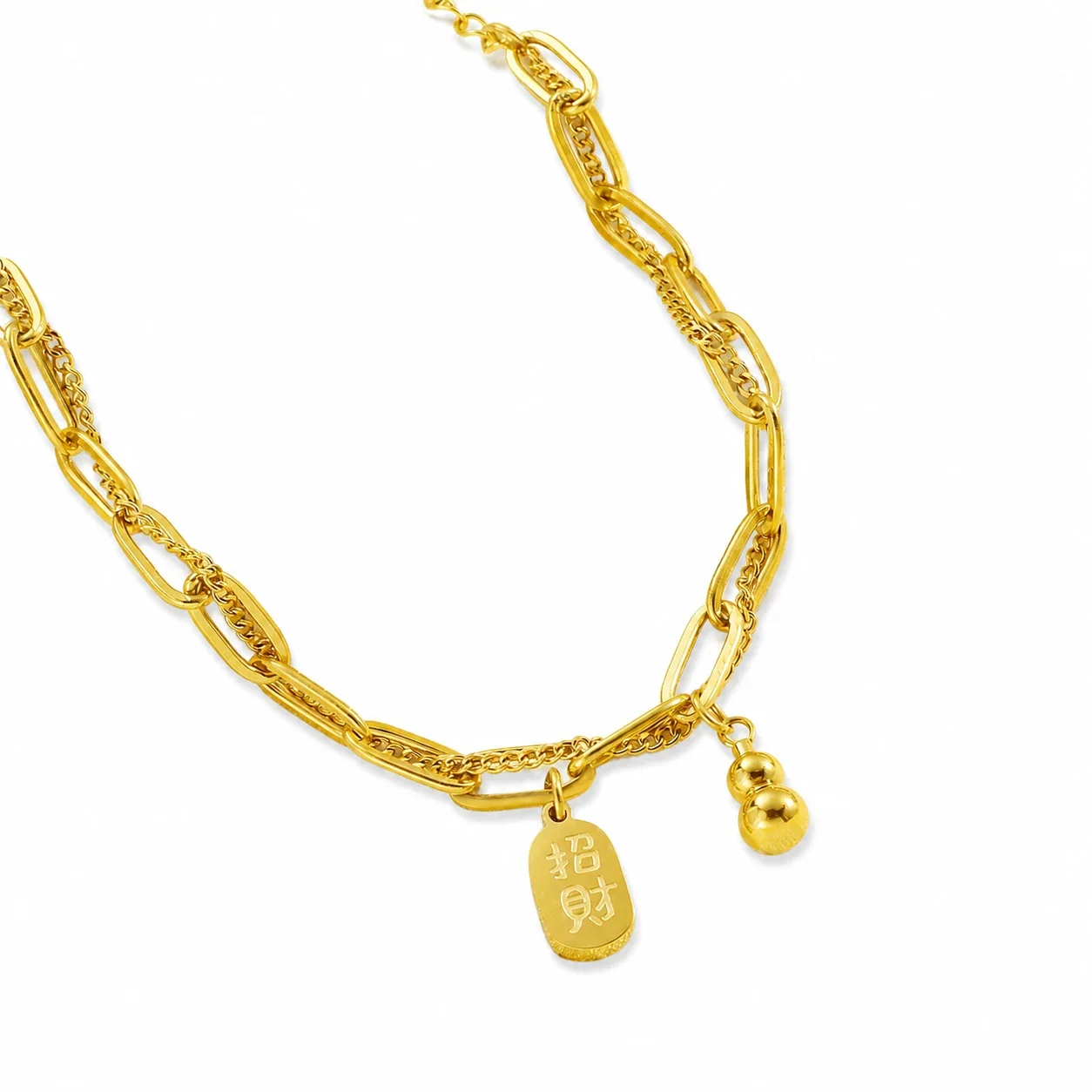 Layered Gold-Plated Paperclip Chain Gourd Charm Bracelet - Gold