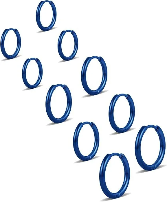 Polished Stainless Steel Round Huggie Hoop Earrings - Blue