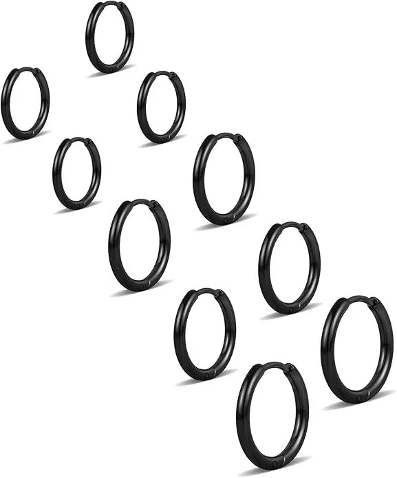 Polished Stainless Steel Round Huggie Hoop Earrings - Black