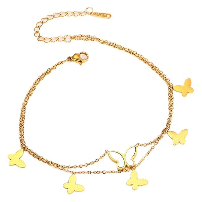 Anklet with Double Chains, Butterfly Charms and White Shell