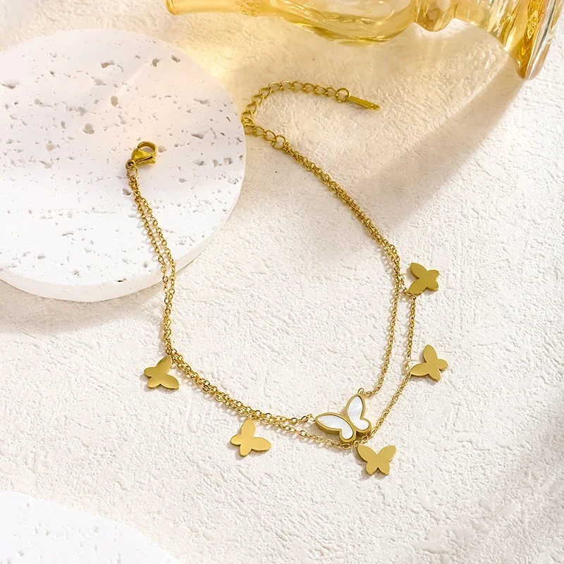 Anklet with Double Chains, Butterfly Charms and White Shell