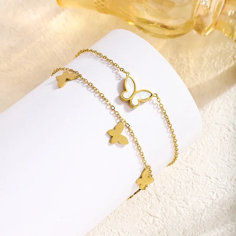 Anklet with Double Chains, Butterfly Charms and White Shell