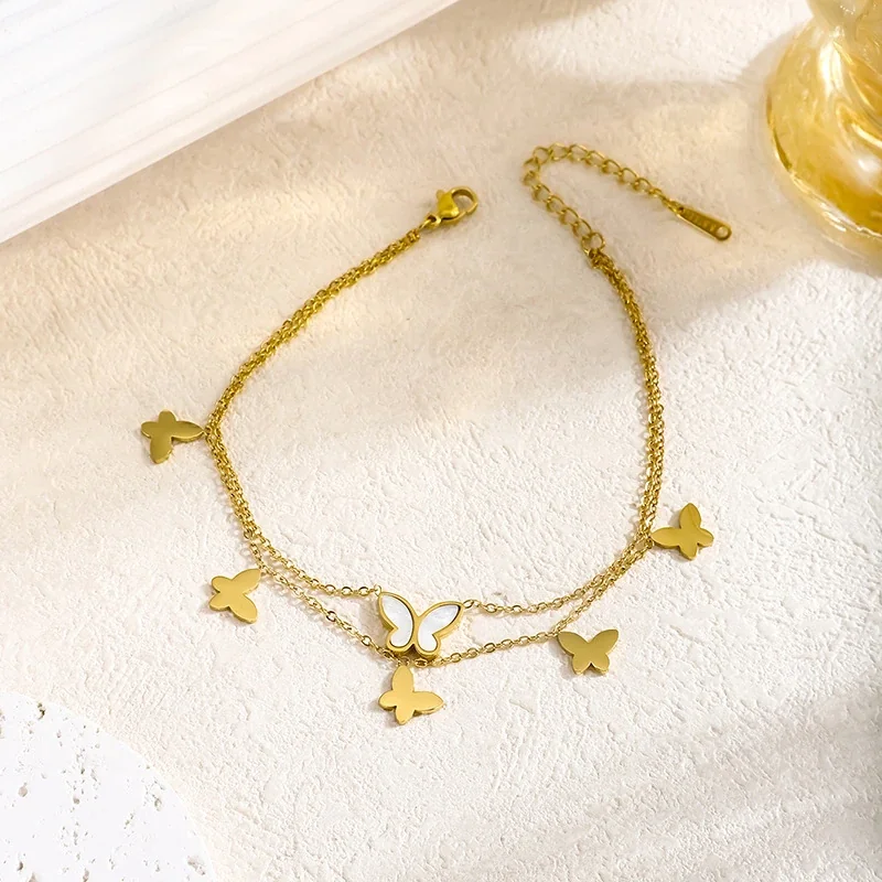 Anklet with Double Chains, Butterfly Charms and White Shell