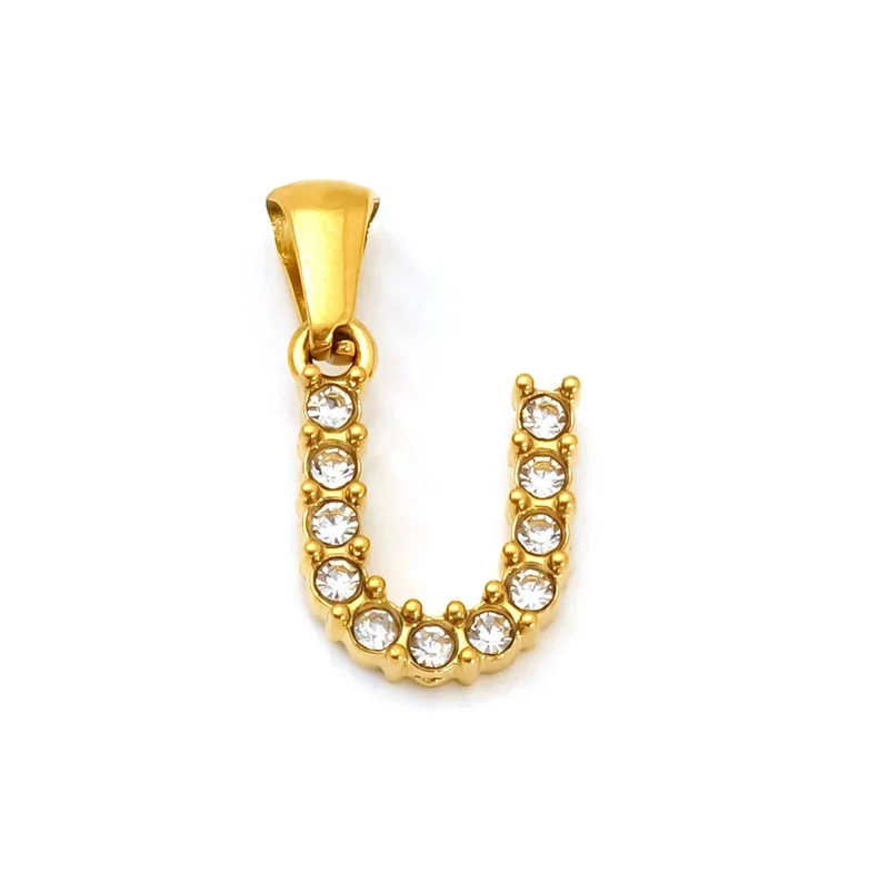 Polished Gold-Plated Round CZ Initial Letter Pendant - Gold Letter U