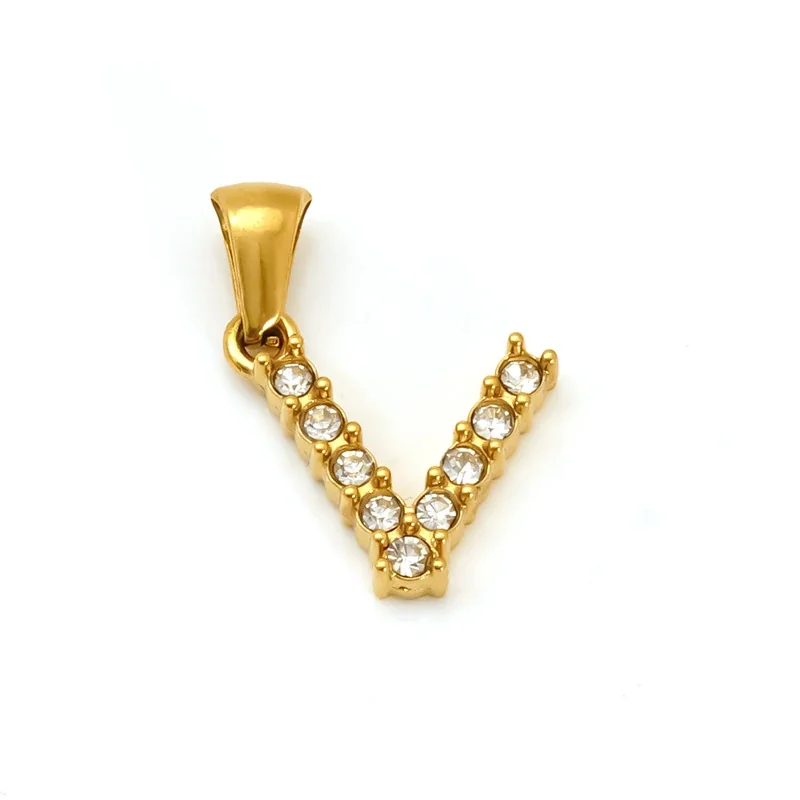 Polished Gold-Plated Round CZ Initial Letter Pendant - Gold Letter V