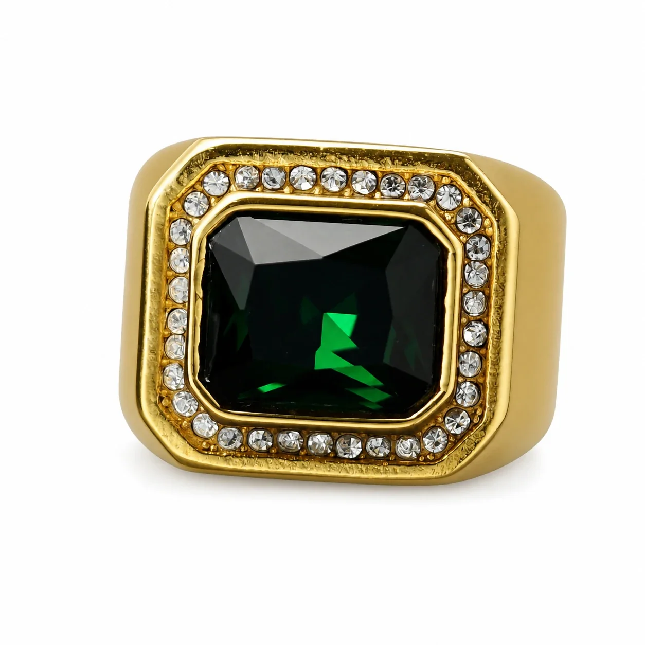 Bold Emerald-Cut Crystal Halo 316 Stainless Steel PVD Signet Ring