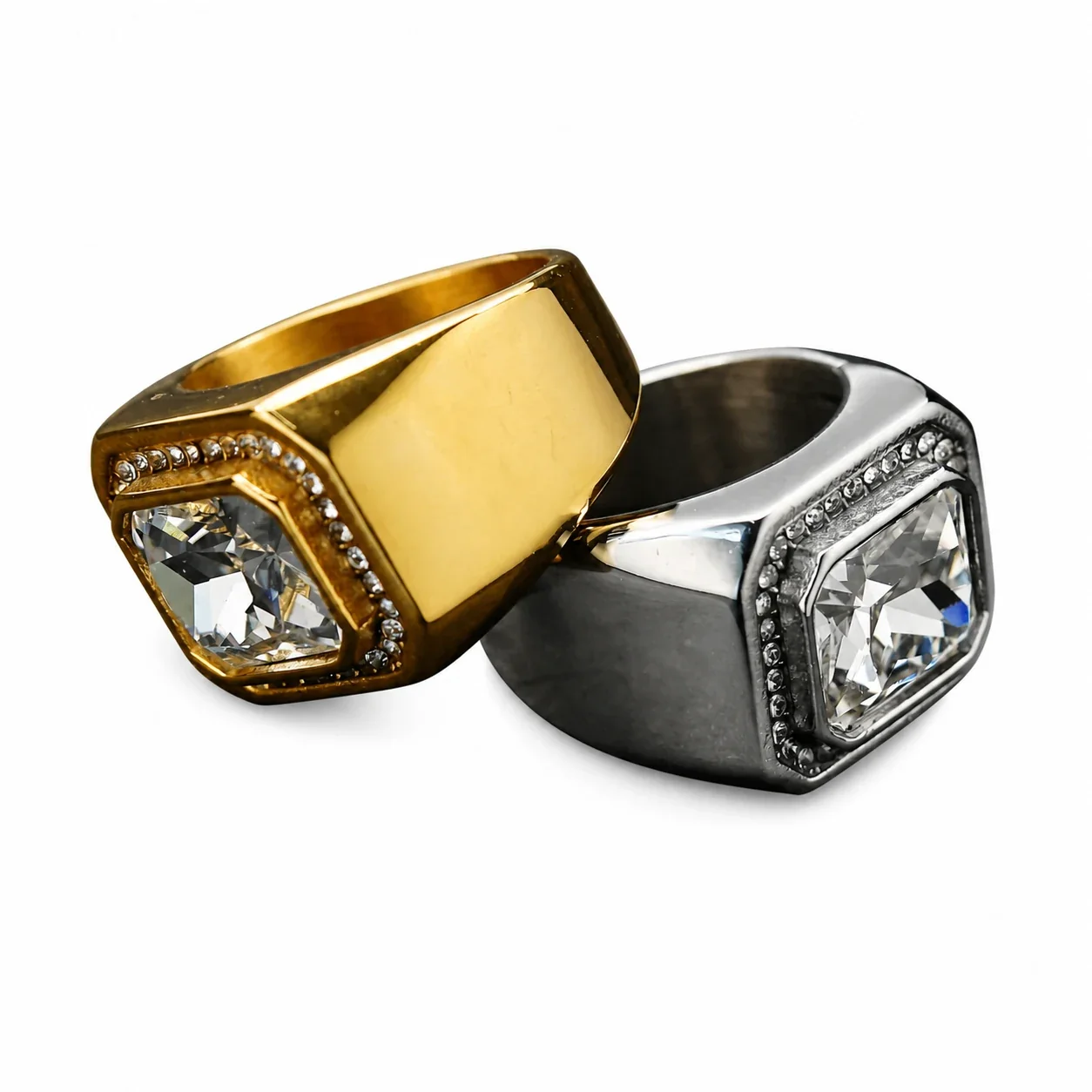 Bold Emerald-Cut Crystal Halo 316 Stainless Steel Signet Ring