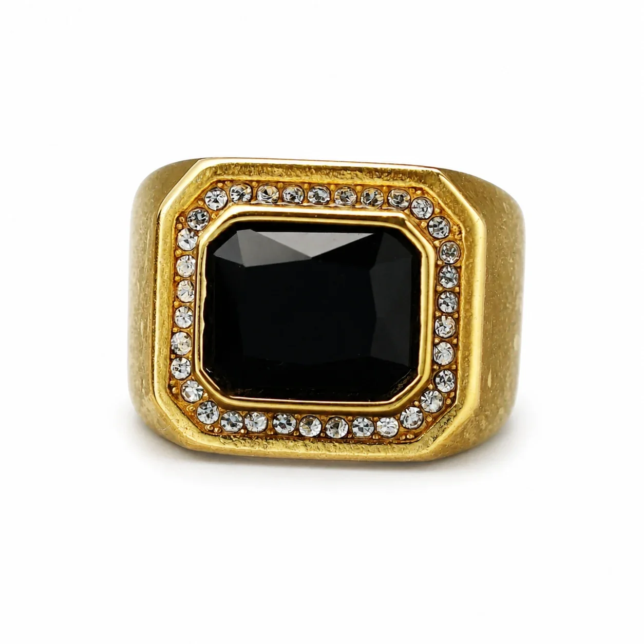 Bold Emerald-Cut Crystal Halo 316 Stainless Steel Signet Ring