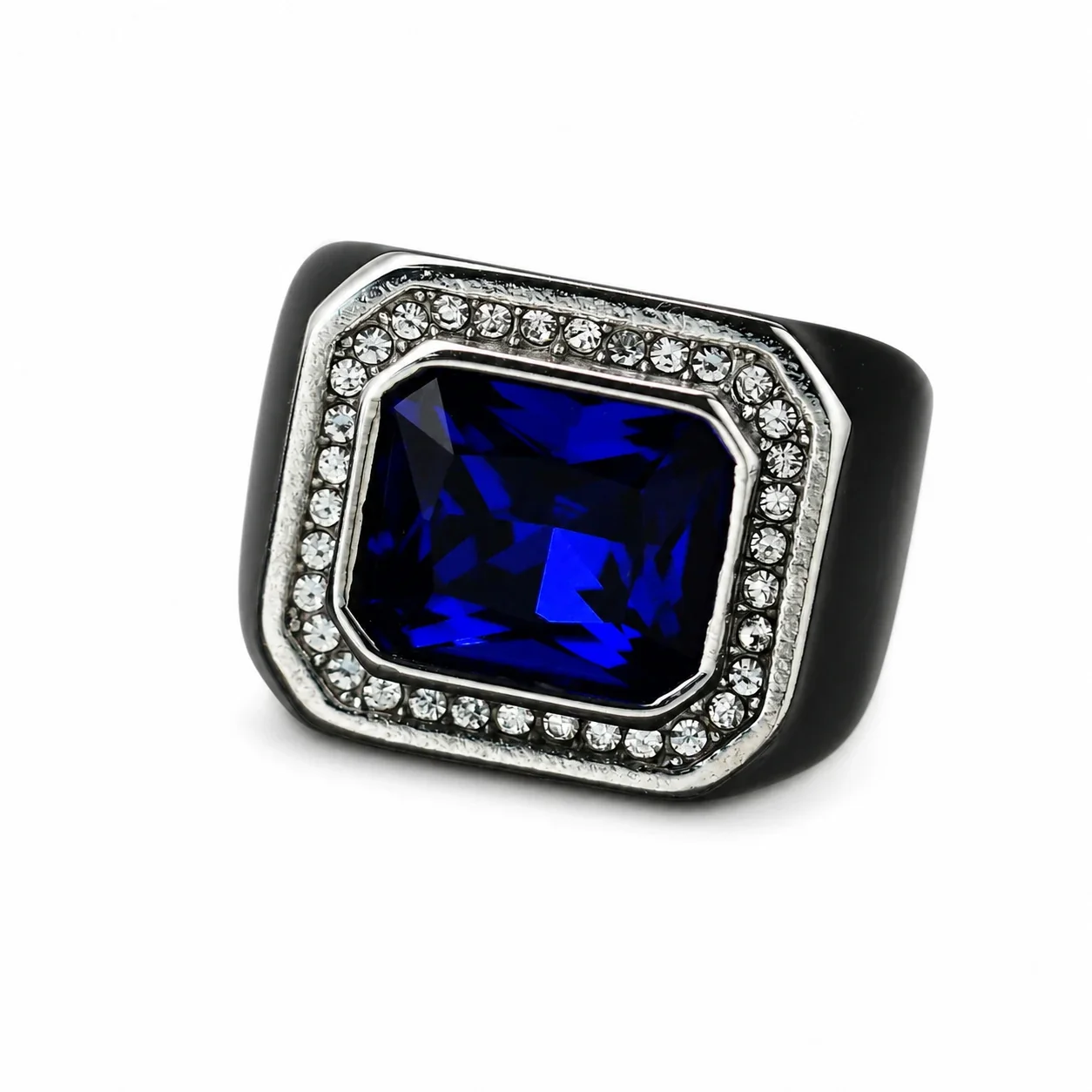 Bold Emerald-Cut Crystal Halo 316 Stainless Steel Signet Ring