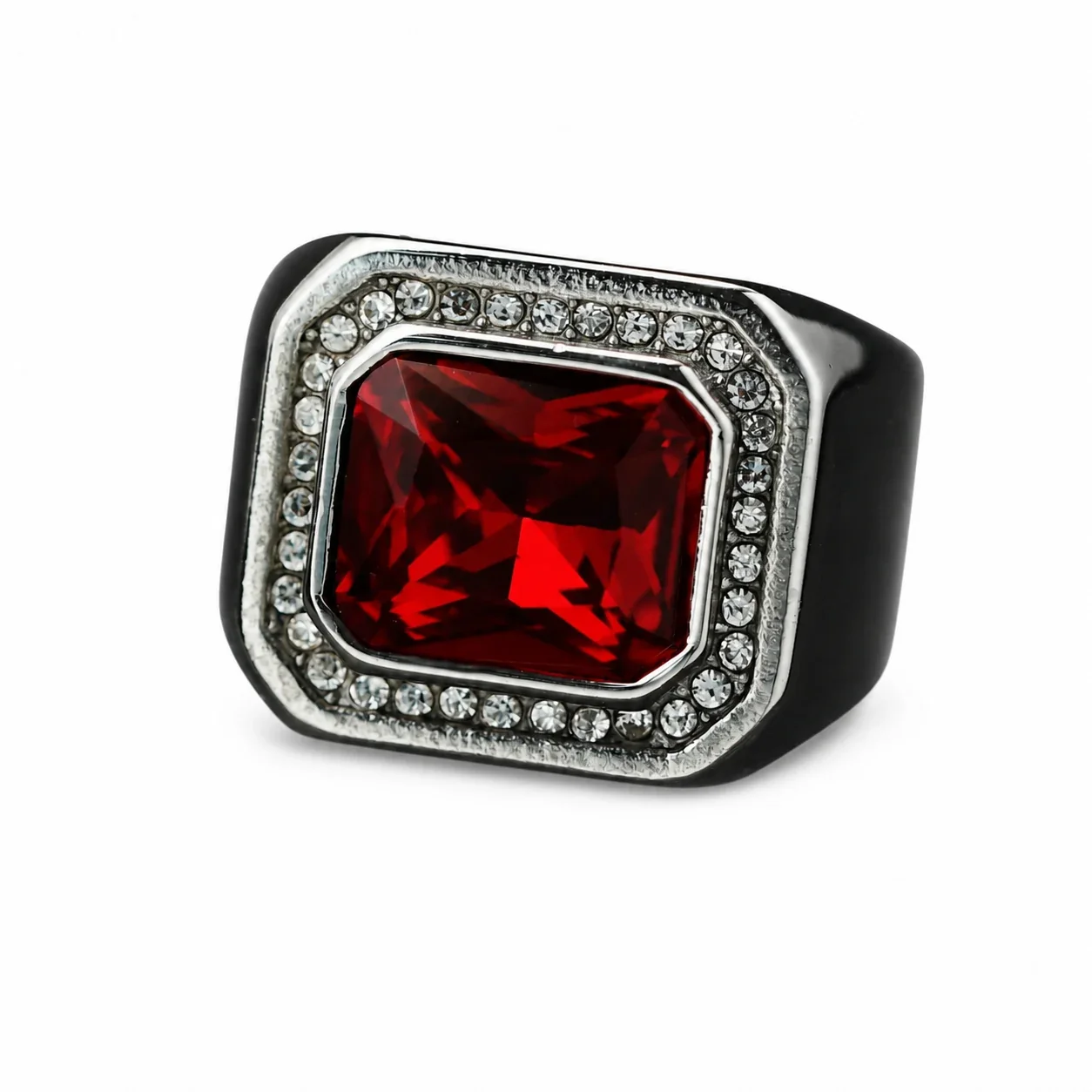 Bold Emerald-Cut Crystal Halo 316 Stainless Steel Signet Ring
