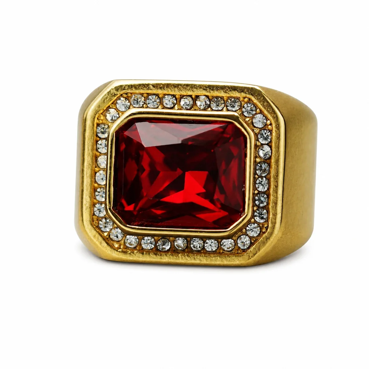 Bold Emerald-Cut Crystal Halo 316 Stainless Steel Signet Ring - Gold Red Crystal