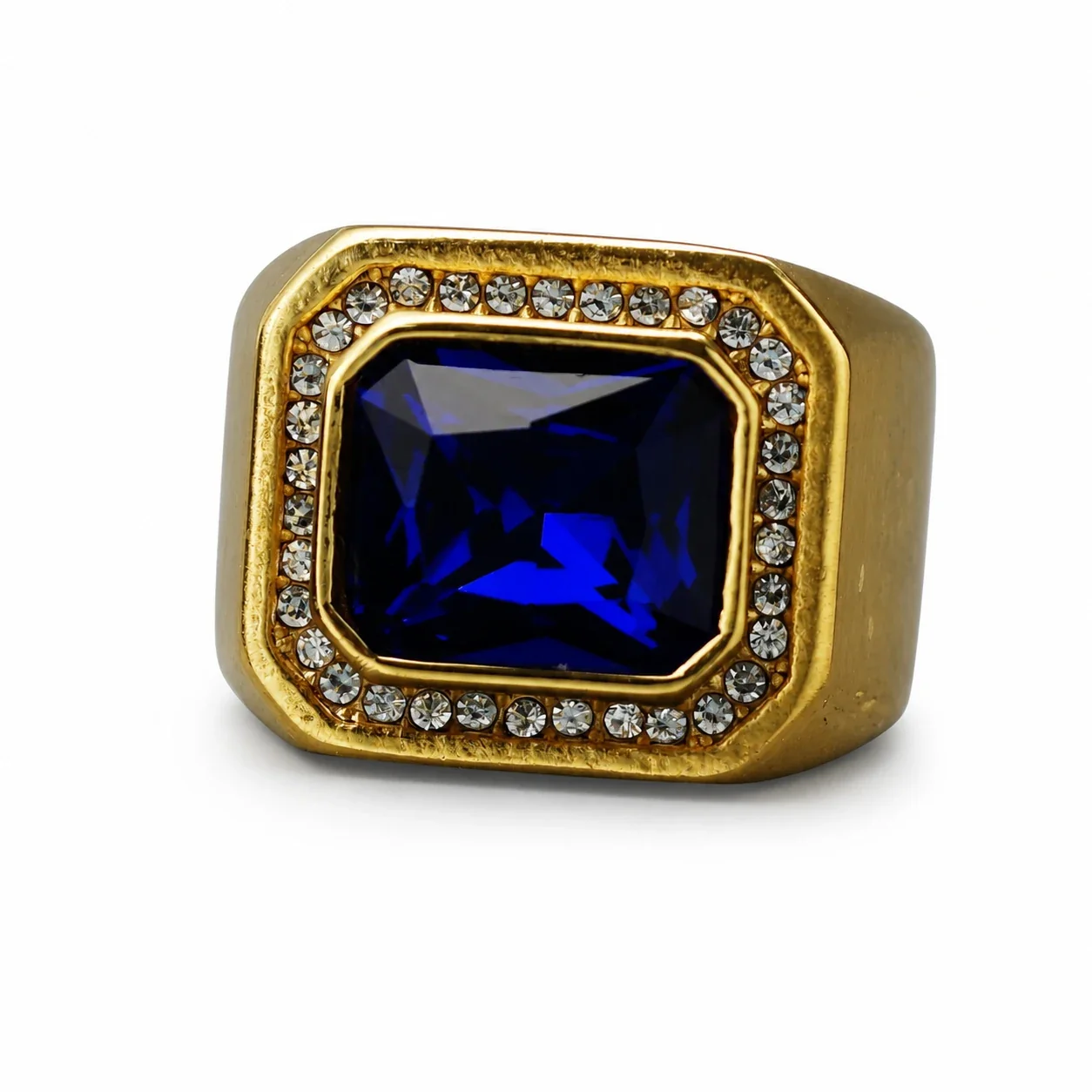 Bold Emerald-Cut Crystal Halo 316 Stainless Steel Signet Ring - Gold Blue Crystal