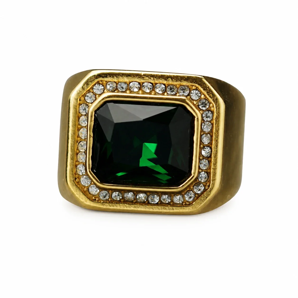 Bold Emerald-Cut Crystal Halo 316 Stainless Steel Signet Ring - Gold Green Crystal