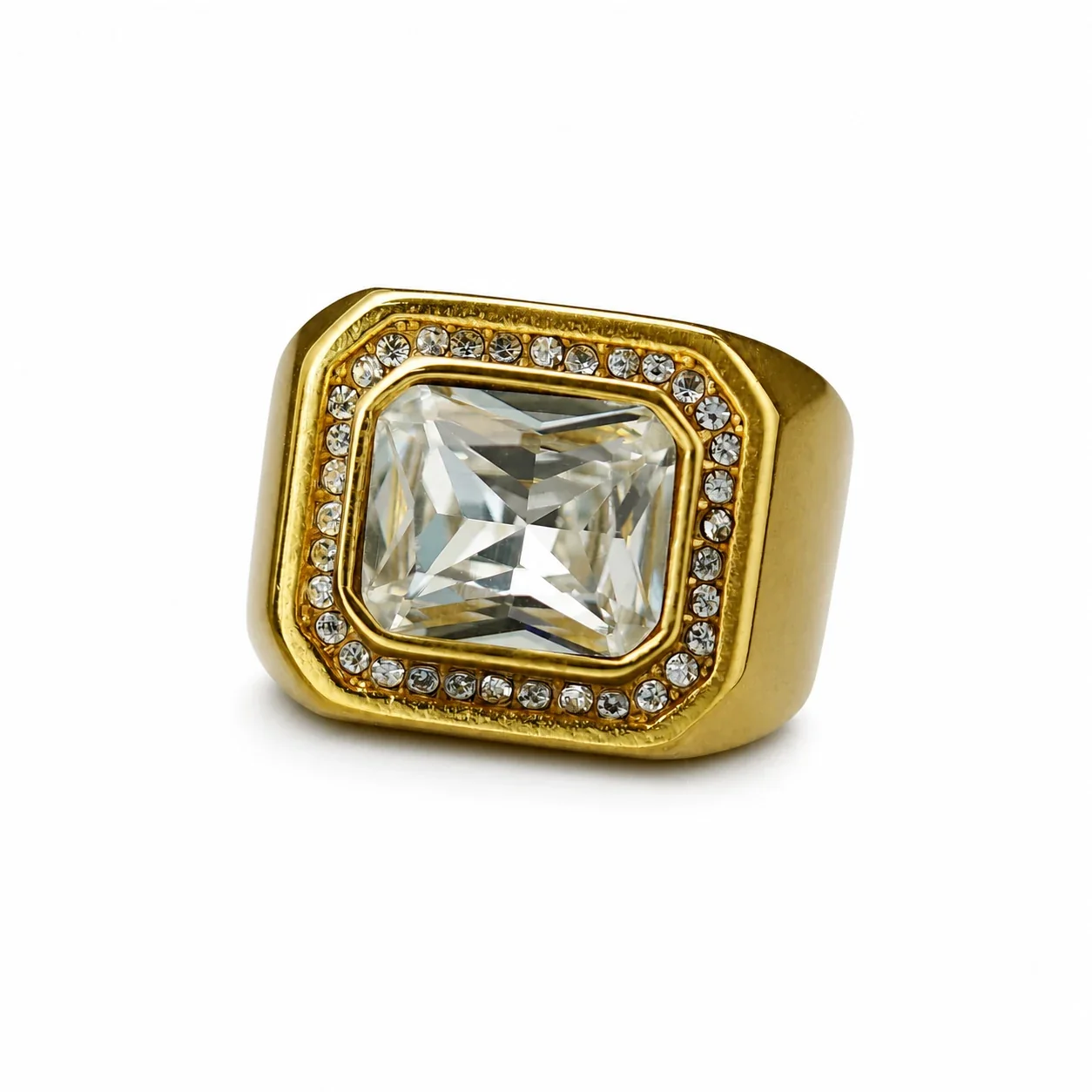 Bold Emerald-Cut Crystal Halo 316 Stainless Steel Signet Ring - Gold Clear Crystal