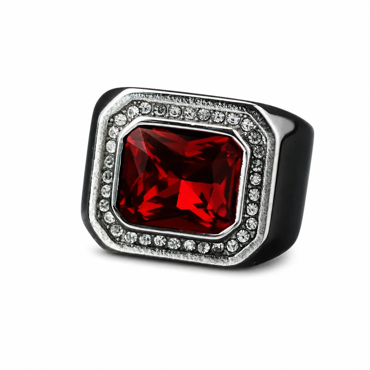 Bold Emerald-Cut Crystal Halo 316 Stainless Steel Signet Ring - Silver Red Crystal