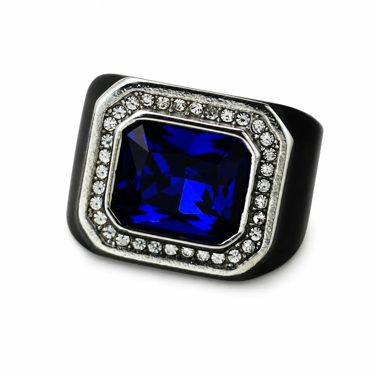 Bold Emerald-Cut Crystal Halo 316 Stainless Steel Signet Ring - Silver Blue Crystal