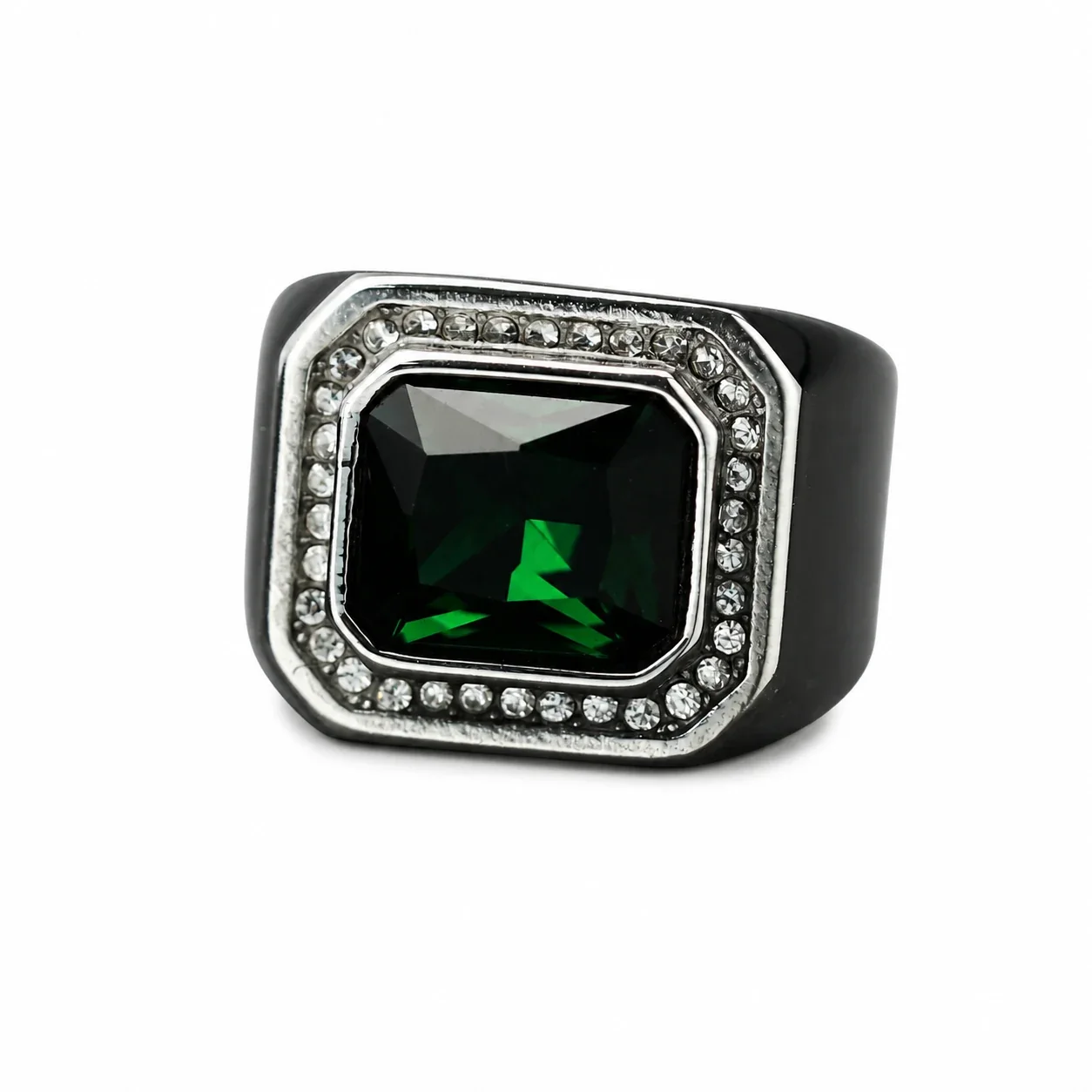 Bold Emerald-Cut Crystal Halo 316 Stainless Steel Signet Ring - Silver Green Crystal