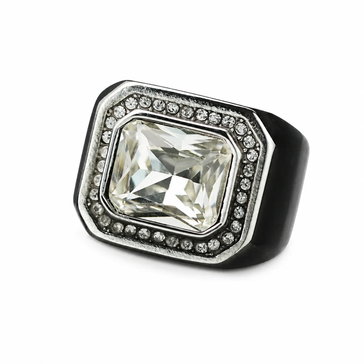 Bold Emerald-Cut Crystal Halo 316 Stainless Steel Signet Ring - Silver Clear Crystal