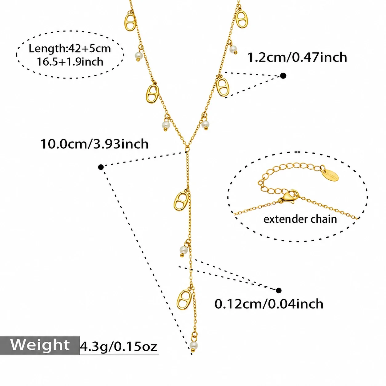 Y-Drop Gold-Plated 316L Paperclip Charm Necklace - Gold Pearl-Effect Y