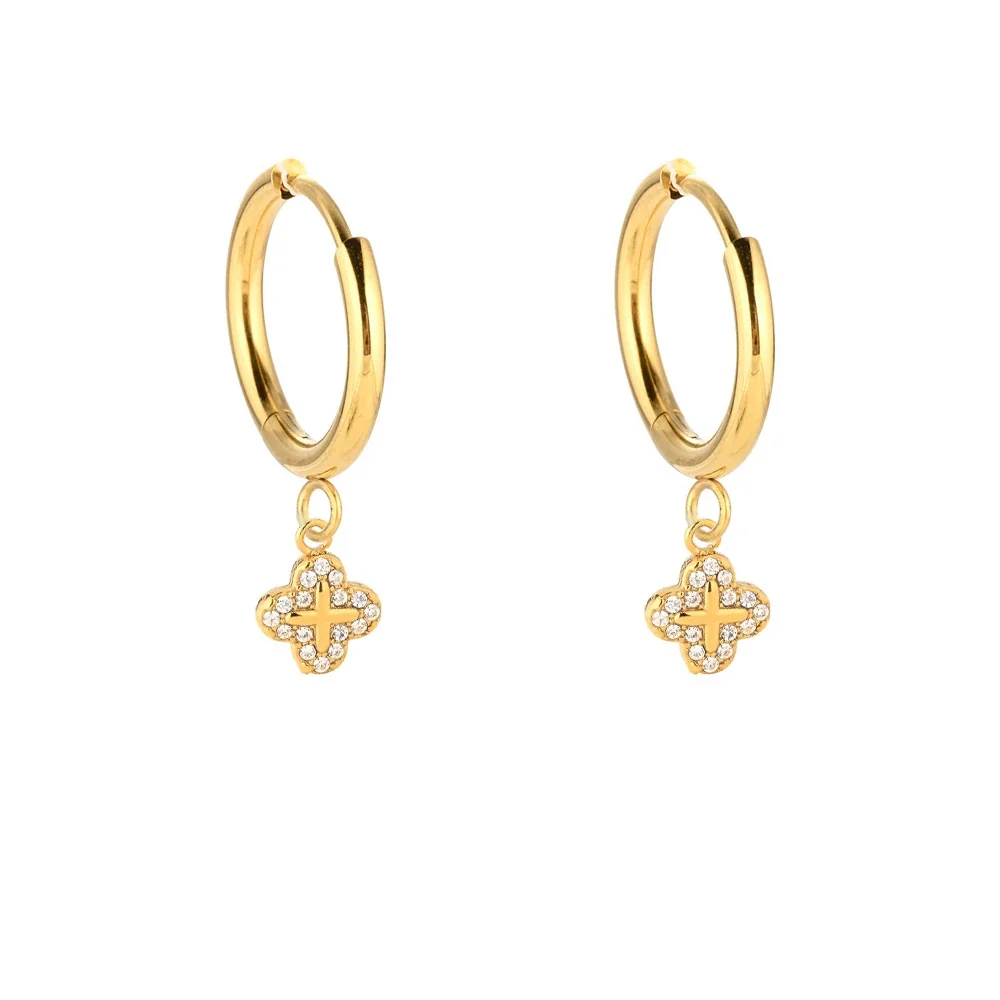 Round CZ Charm 316 Stainless Steel Hoop Earrings