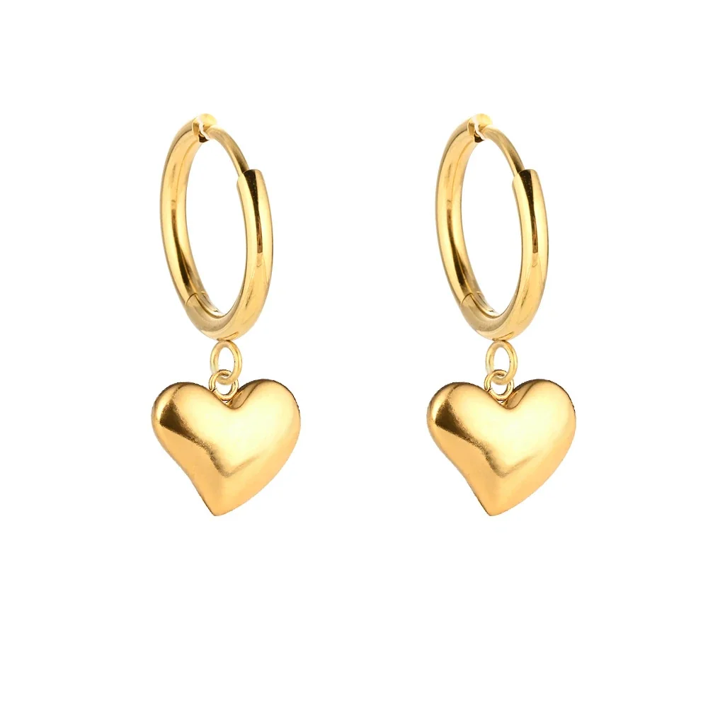 Polished 316 Stainless Steel Charm Hoop Earrings - Gold Heart