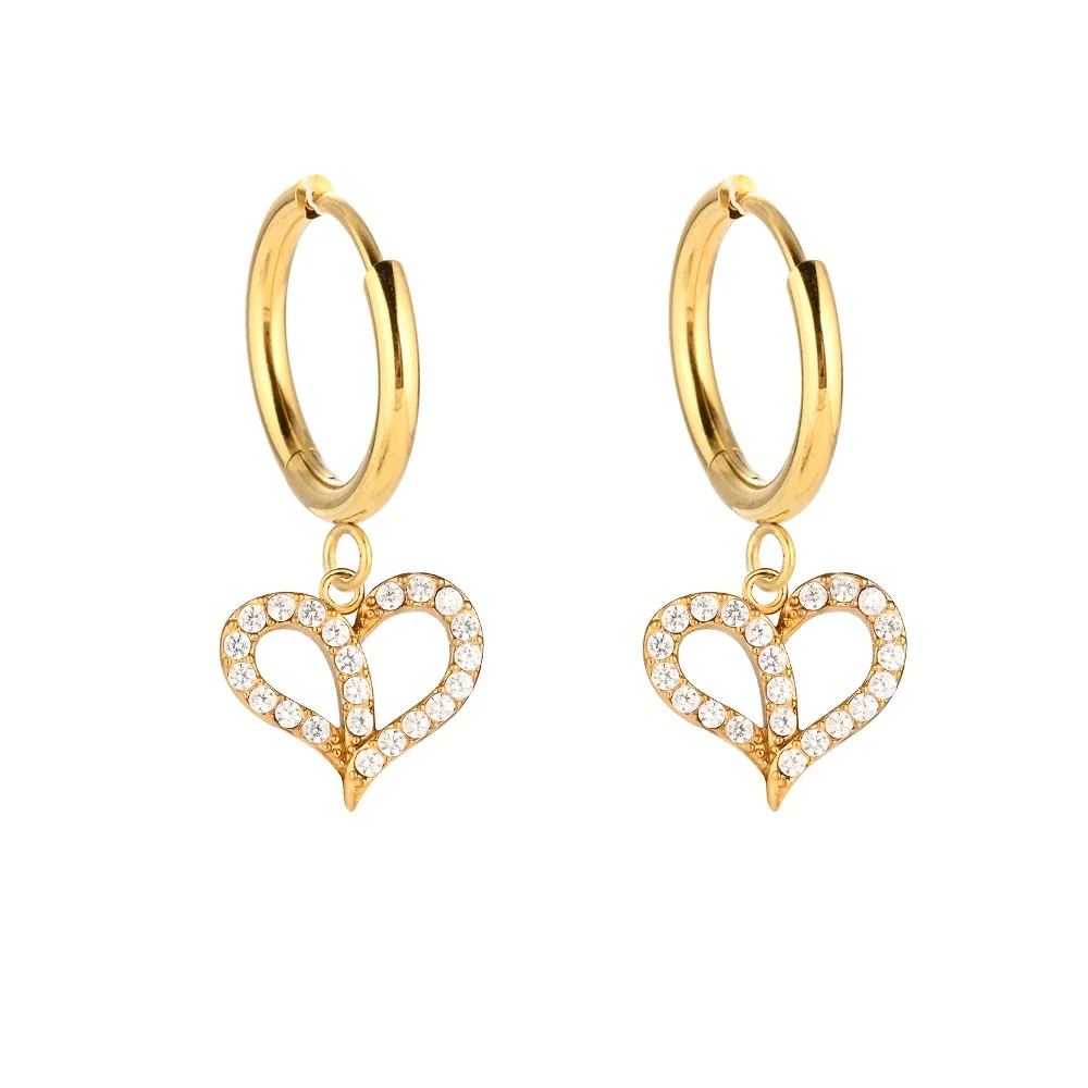 Polished 316 Stainless Steel Charm Hoop Earrings - Silver Double Heart