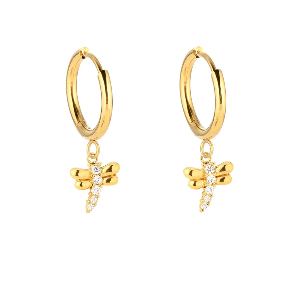 Polished 316 Stainless Steel Charm Hoop Earrings - Gold Dragonfly