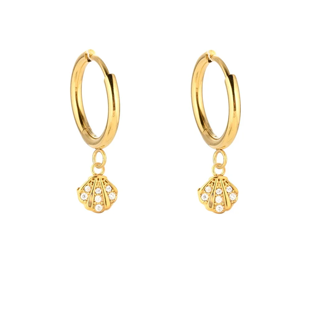 Polished 316 Stainless Steel Charm Hoop Earrings - Silver Shell