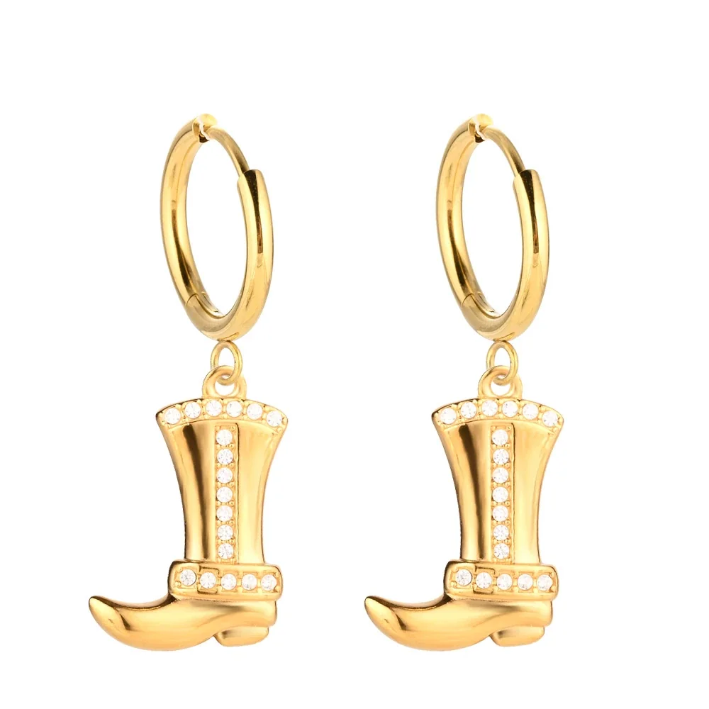 Polished 316 Stainless Steel Charm Hoop Earrings - Gold Cowboy Boot