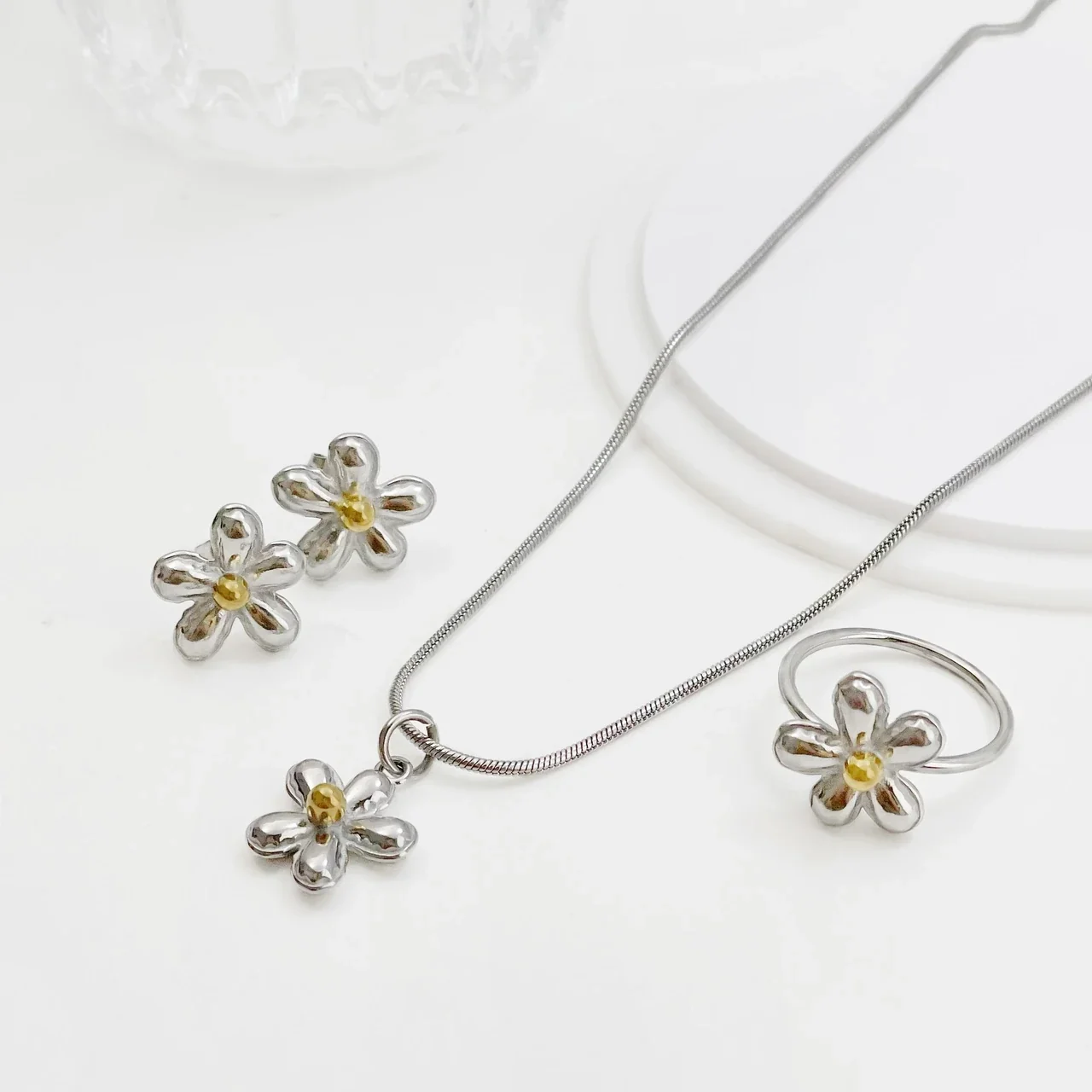Flower Jewelry Set, Gold Centers & Puffed Petals, Stainless Steel