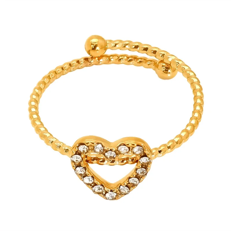 Delicate Gold-Tone Open Heart Crystal Beaded Ring