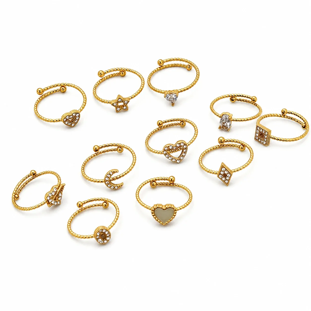 Delicate Gold-Tone Open Heart Crystal Beaded Ring