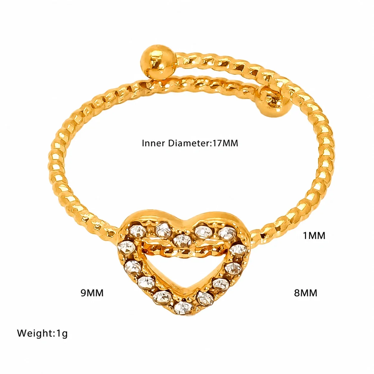 Delicate Gold-Tone Open Heart Crystal Beaded Ring