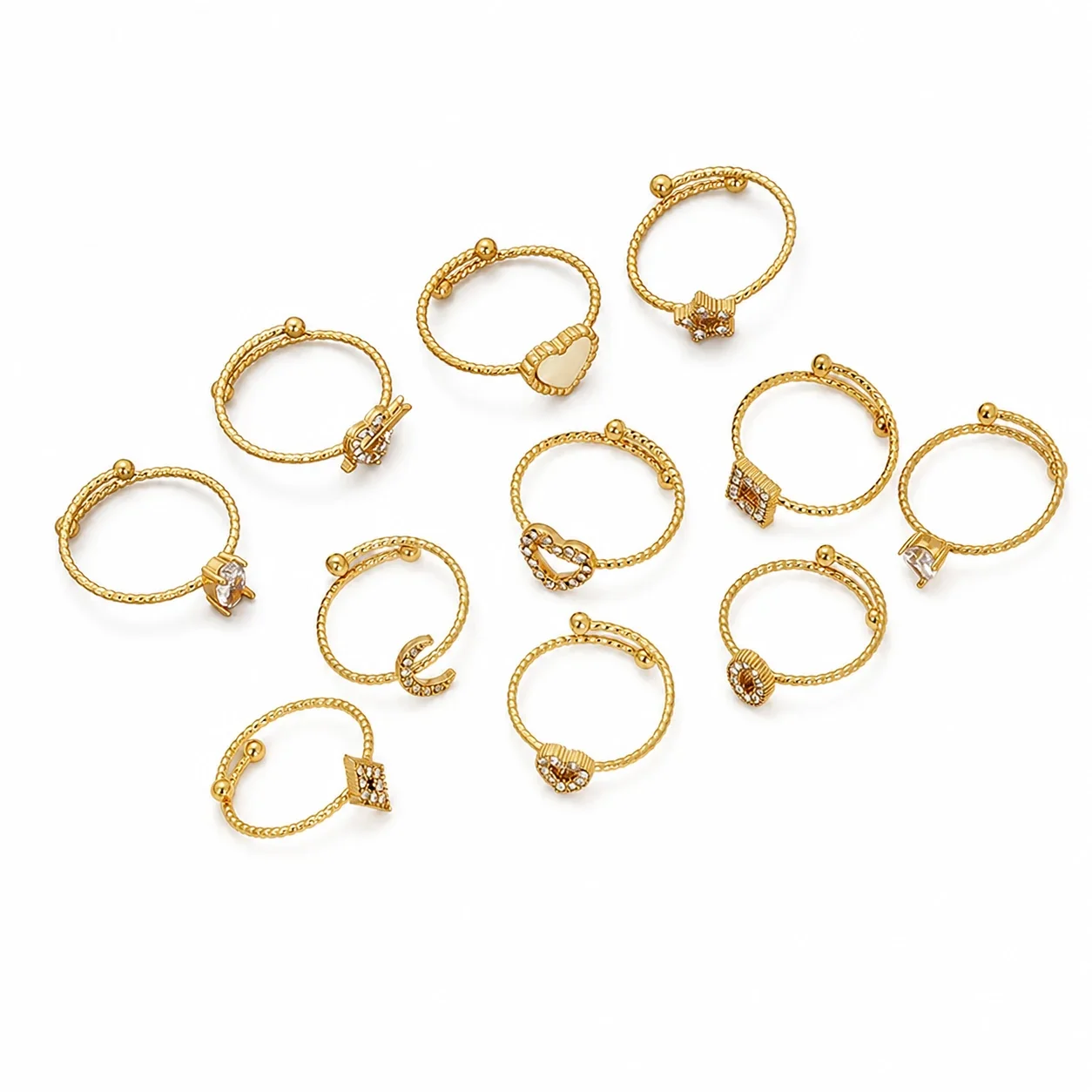 Delicate Gold-Tone Open Heart Crystal Beaded Ring