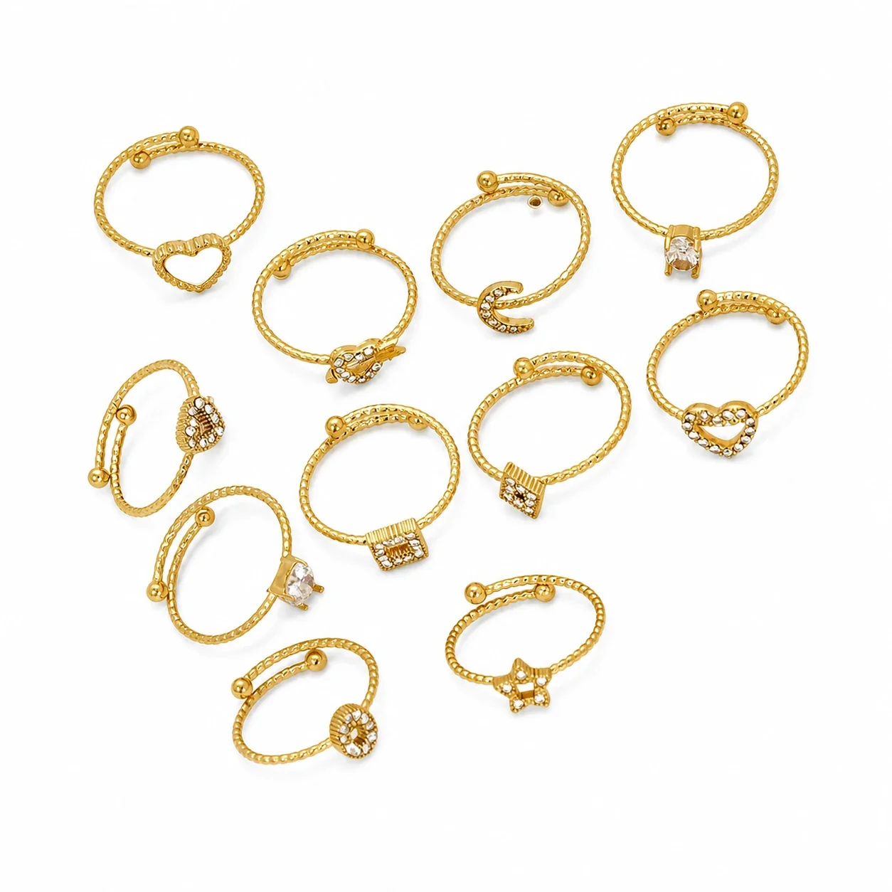Delicate Gold-Tone Open Heart Crystal Beaded Ring