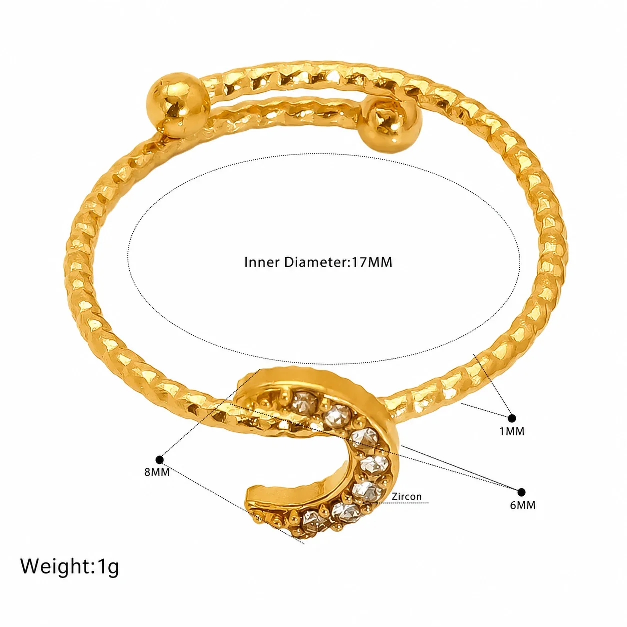 Delicate Gold-Tone Open Heart Crystal Beaded Ring - Gold Solitaire CZ