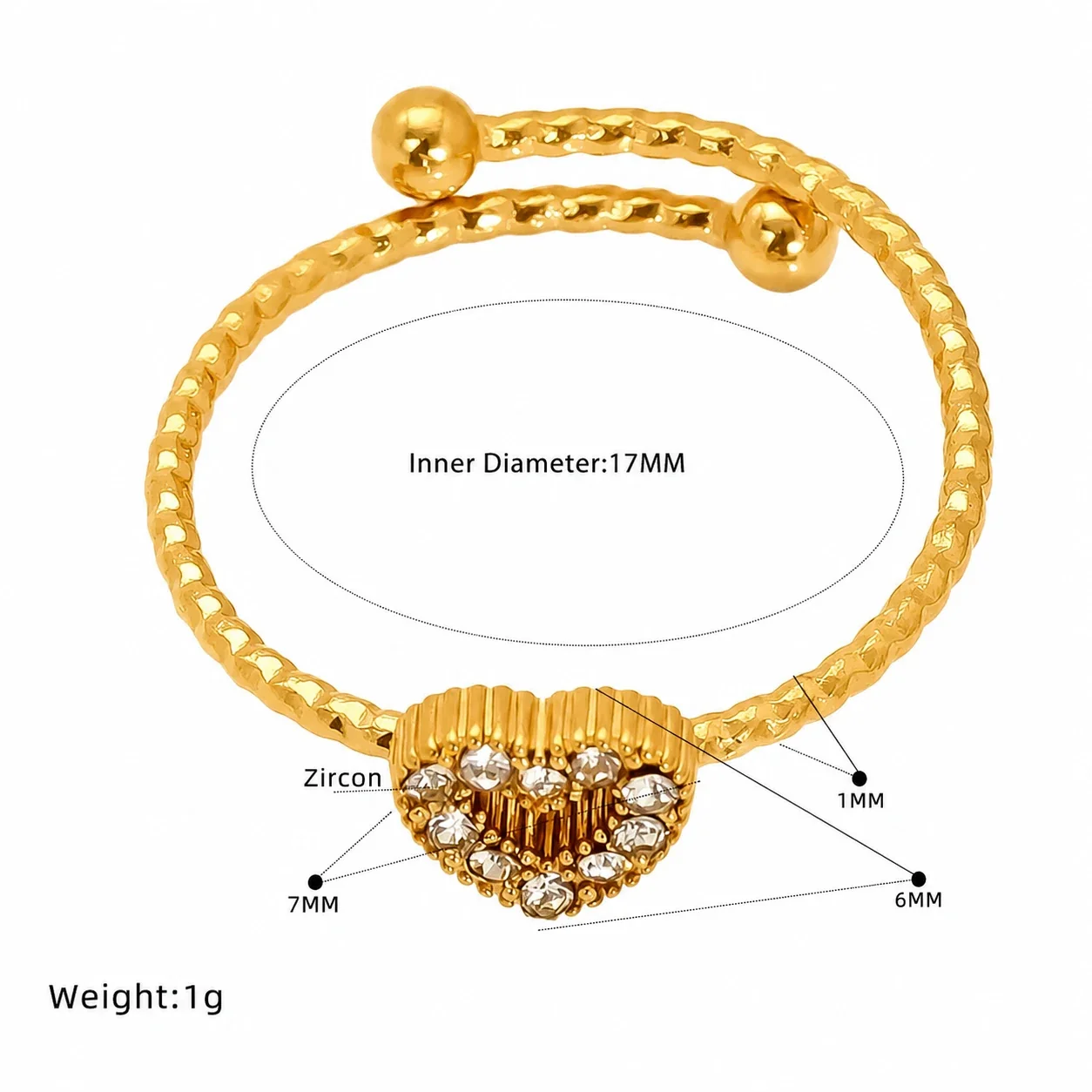 Delicate Gold-Tone Open Heart Crystal Beaded Ring - Gold Round CZ