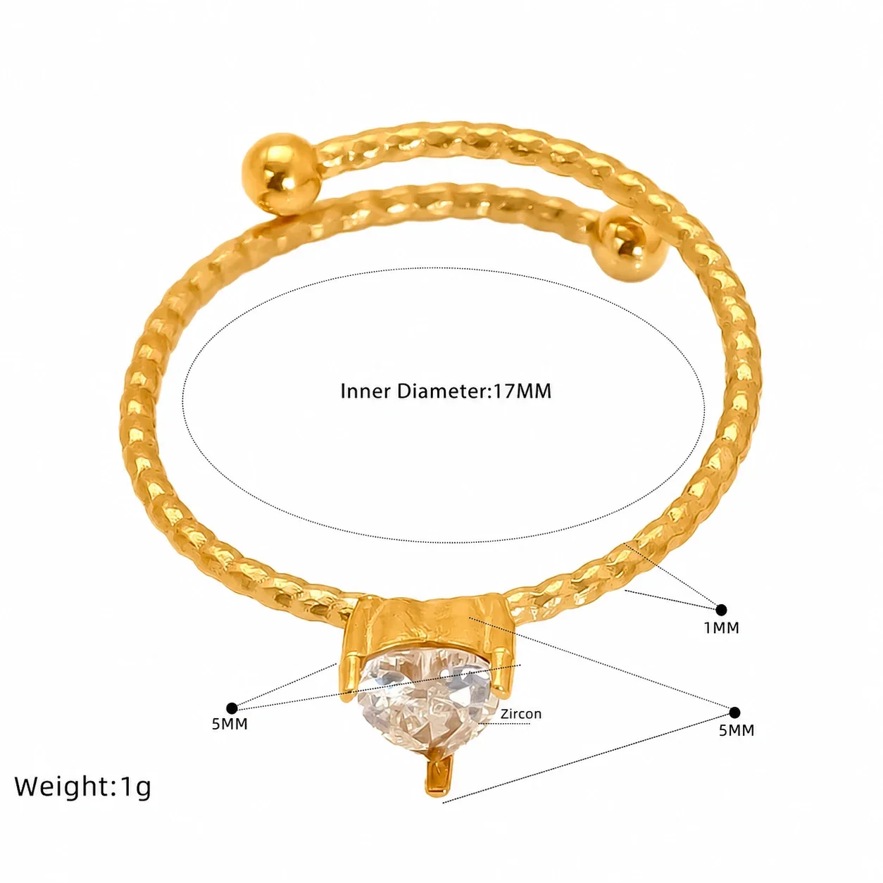 Delicate Gold-Tone Open Heart Crystal Beaded Ring - Gold Moon CZ