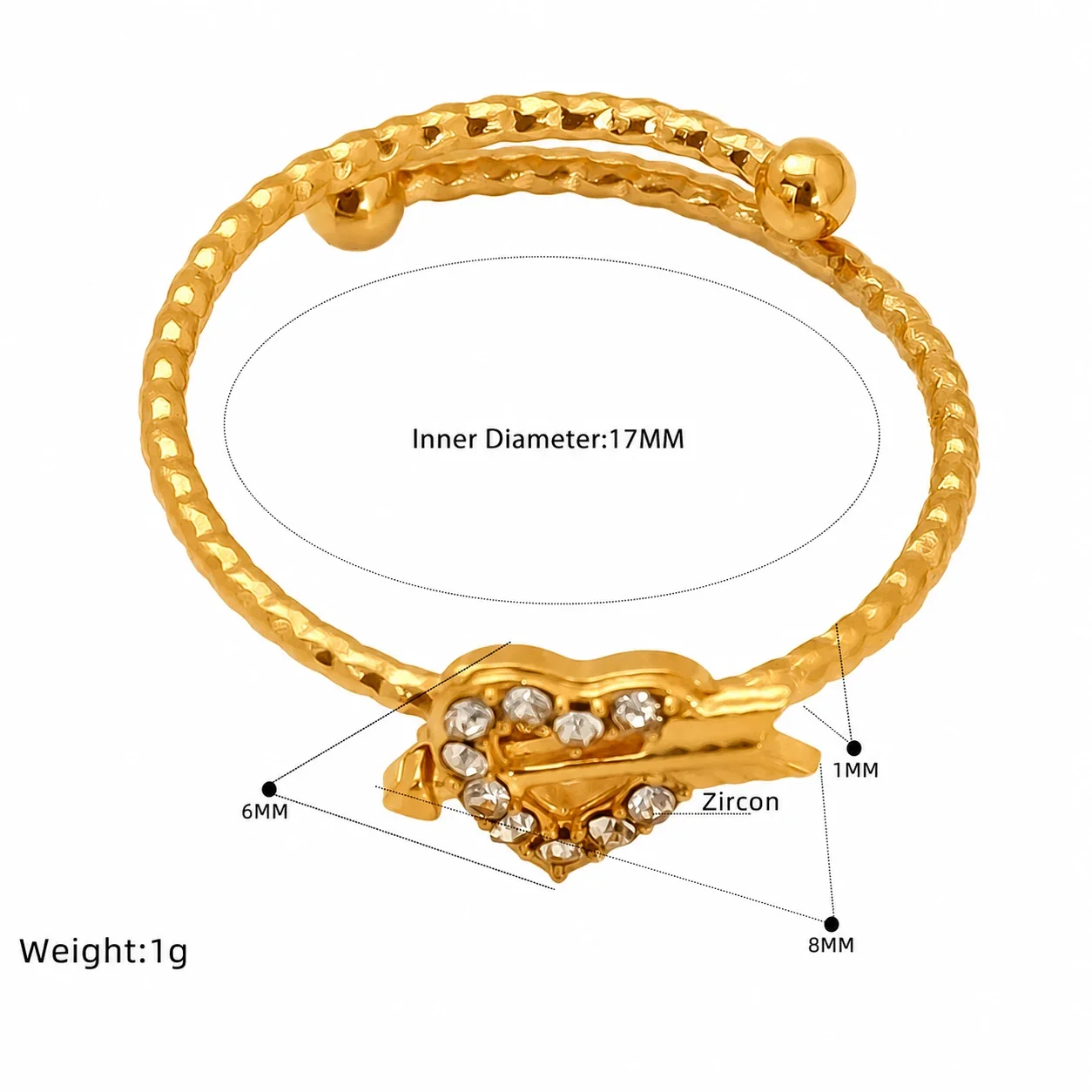 Delicate Gold-Tone Open Heart Crystal Beaded Ring - Gold Emerald-Cut CZ