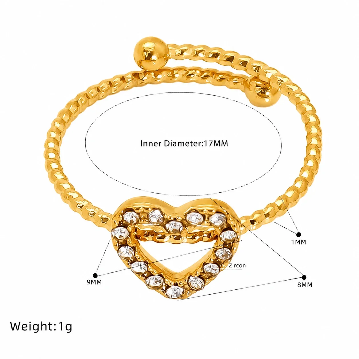 Delicate Gold-Tone Open Heart Crystal Beaded Ring - Gold Heart CZ Outline