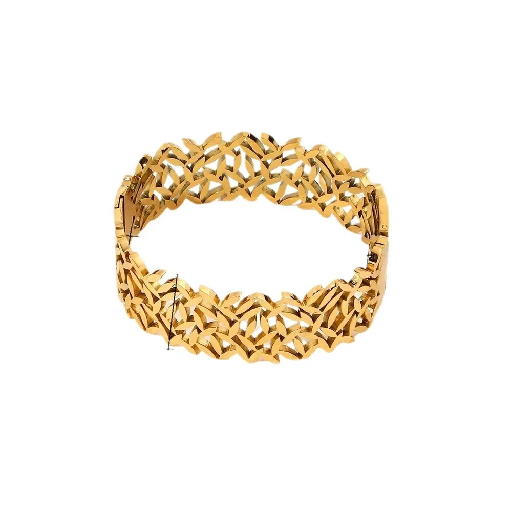 Leaf Cutout Wide Open Cuff Gold-Plated Steel Bracelet