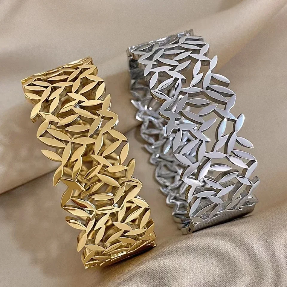Leaf Cutout Wide Open Cuff Gold-Plated Steel Bracelet