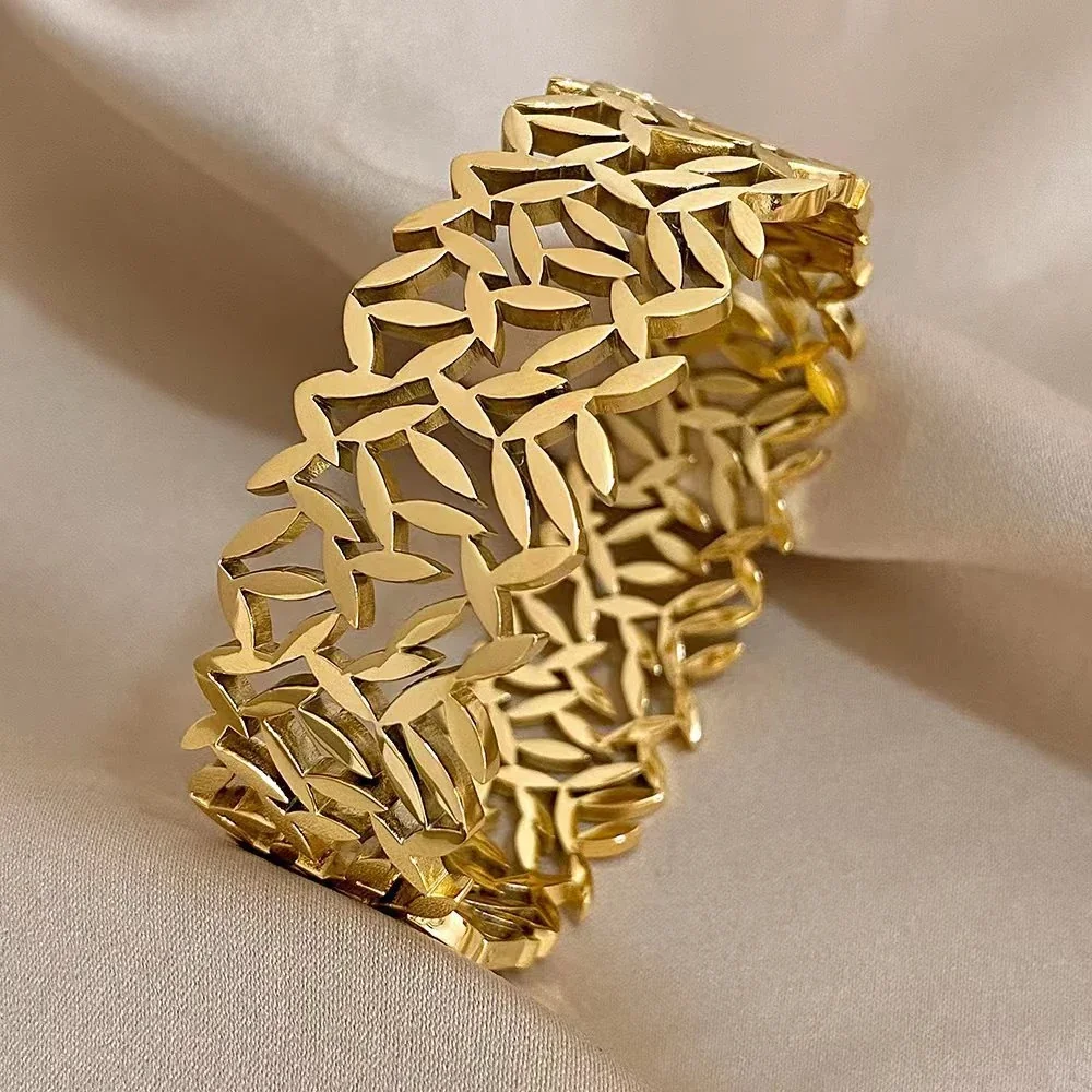 Leaf Cutout Wide Open Cuff Gold-Plated Steel Bracelet
