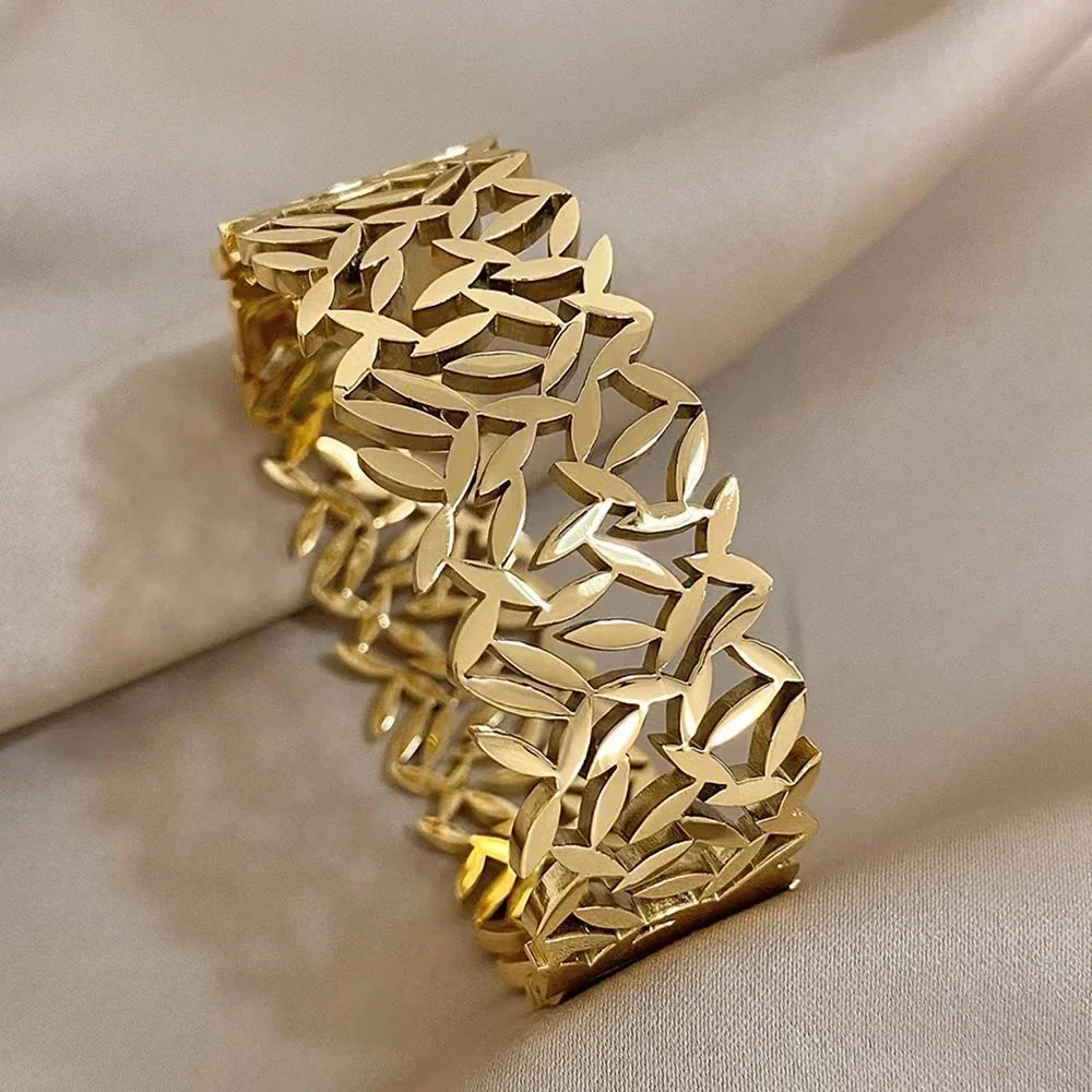 Leaf Cutout Wide Open Cuff Gold-Plated Steel Bracelet