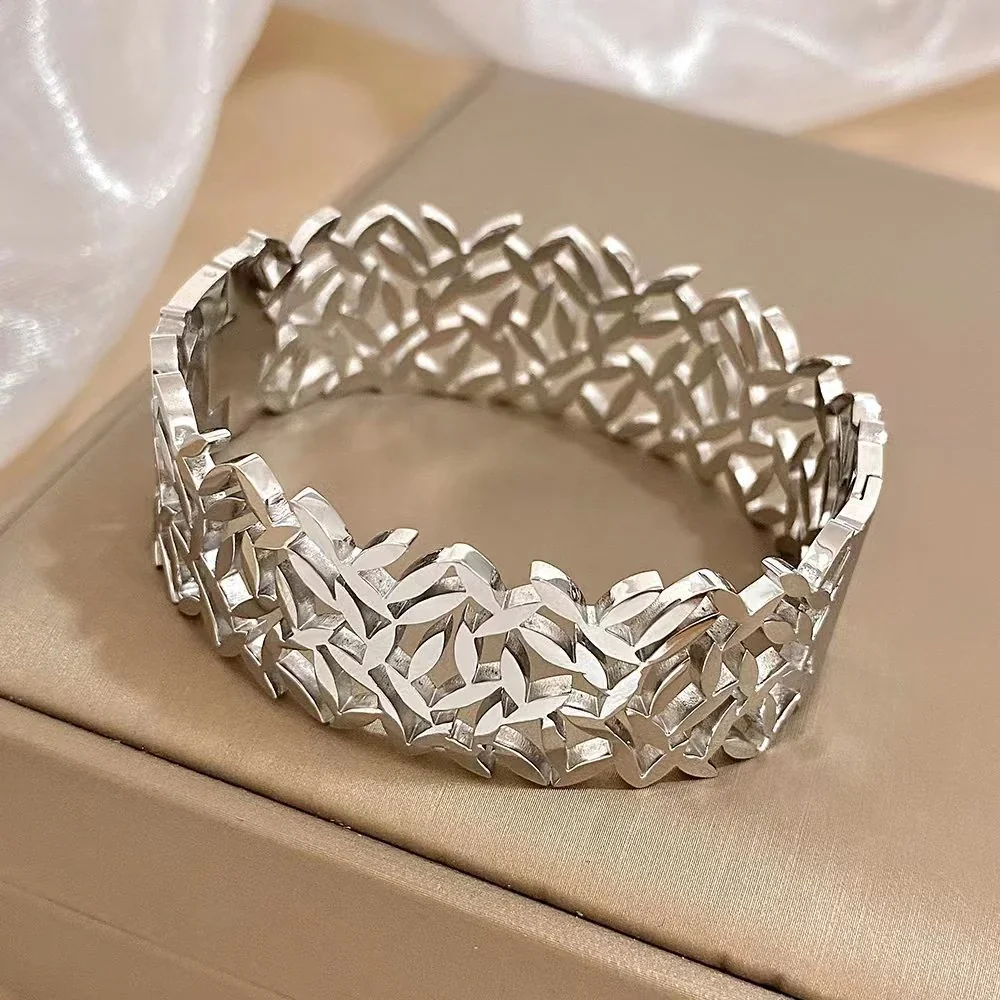 Leaf Cutout Wide Open Cuff Gold-Plated Steel Bracelet