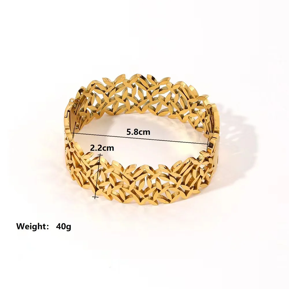Leaf Cutout Wide Open Cuff Gold-Plated Steel Bracelet - Dimensions