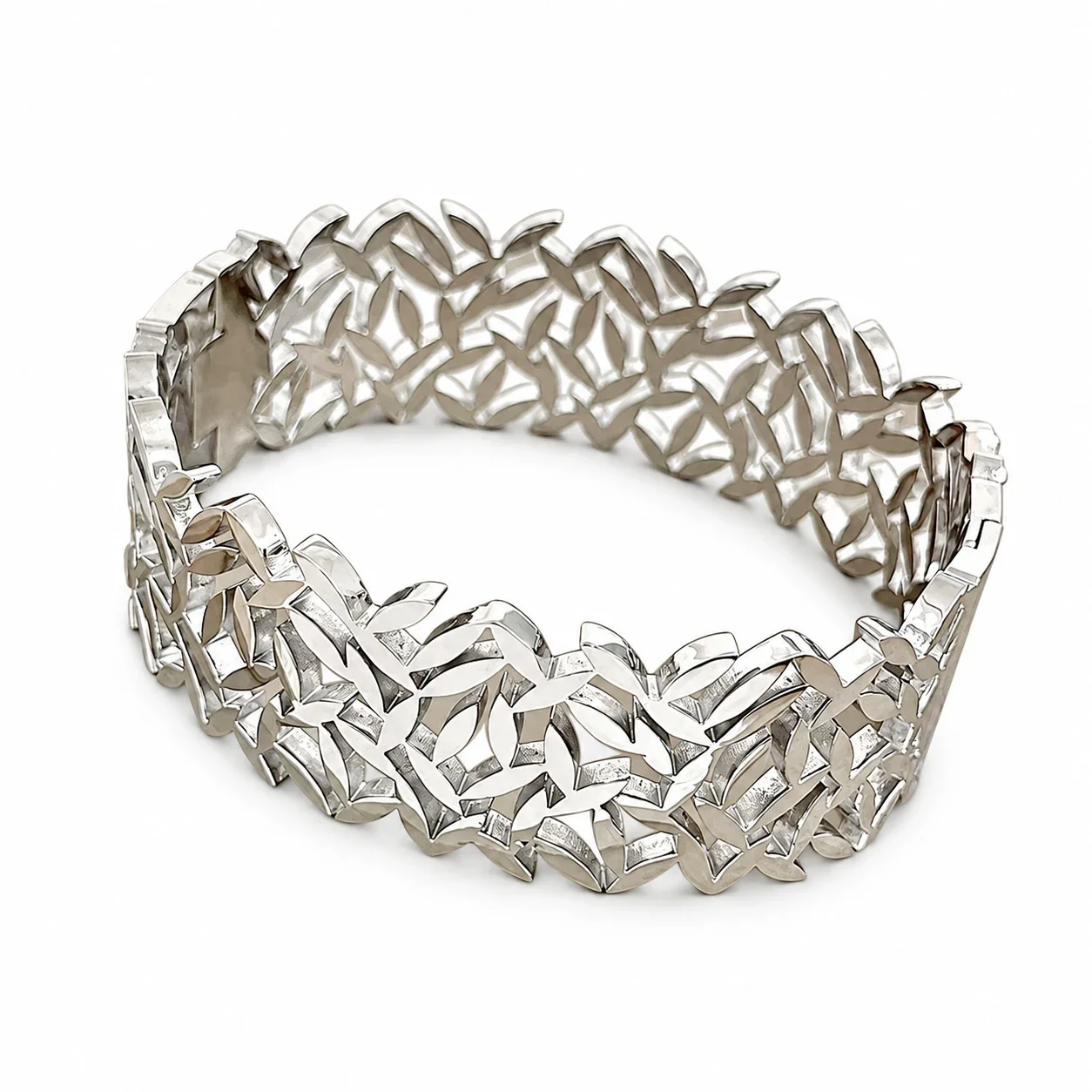 Leaf Cutout Wide Open Cuff Gold-Plated Steel Bracelet - Silver