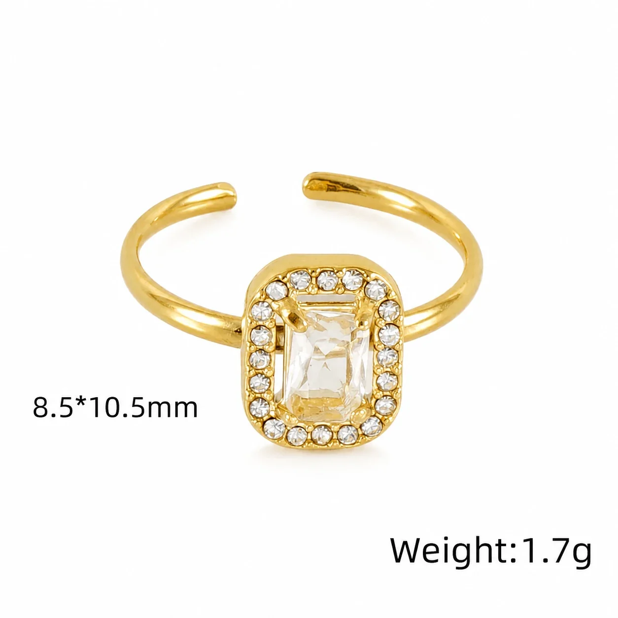 Ornate 18K Gold-Plated Open-Front CZ Halo Ring - Gold Square Clear CZ