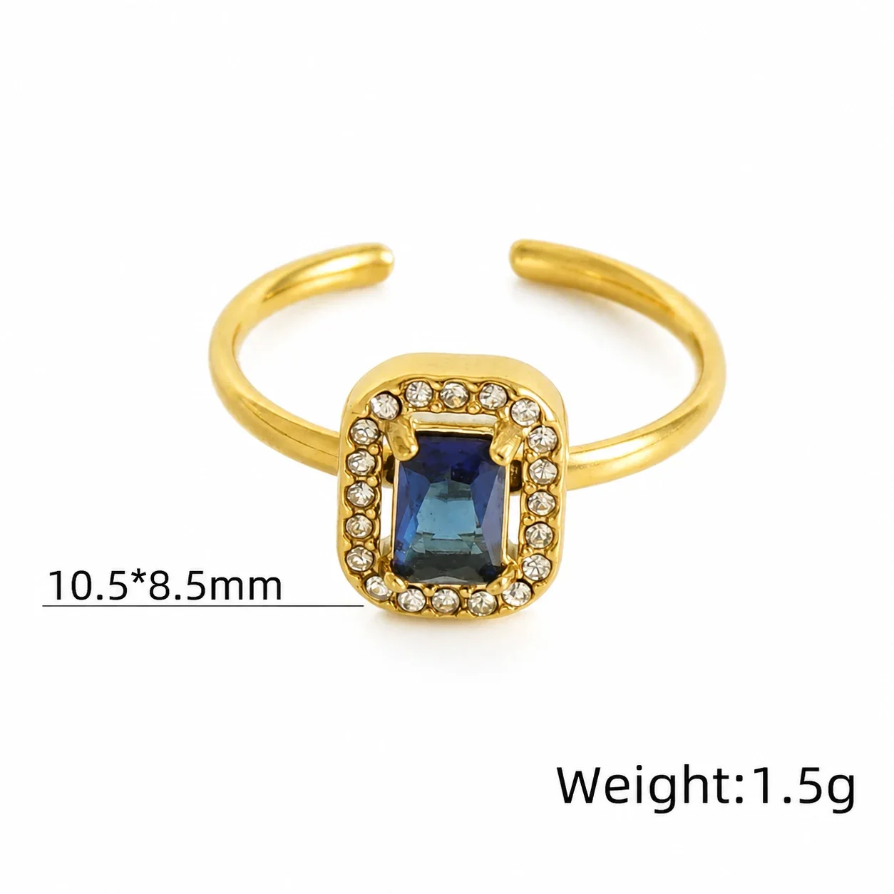 Ornate 18K Gold-Plated Open-Front CZ Halo Ring - Gold Square Blue CZ